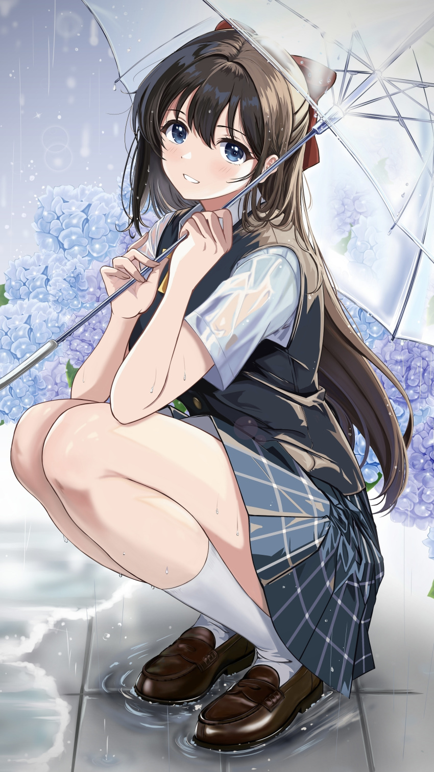 1girl, absurdres, black_vest, blue_eyes, blue_shirt, blue_skirt, blush, bow, brown_hair, collared_shirt, commentary_request, dress_shirt, full_body, grin, hair_between_eyes, hair_bow, half_updo, highres, holding, holding_umbrella, long_hair, looking_at_viewer, love_live!, love_live!_nijigasaki_high_school_idol_club, miniskirt, neck_ribbon, nijigasaki_school_uniform, osaka_shizuku, plaid, plaid_skirt, pleated_skirt, ponytail, puddle, red_bow, ribbon, school_uniform, shirt, short_sleeves, sidelocks, skirt, slav_squatting, smile, socks, solo, squatting, summer_uniform, transparent, transparent_umbrella, two-handed, umbrella, vest, wet, wet_clothes, wet_shirt, white_socks, yellow_ribbon, zaofeng