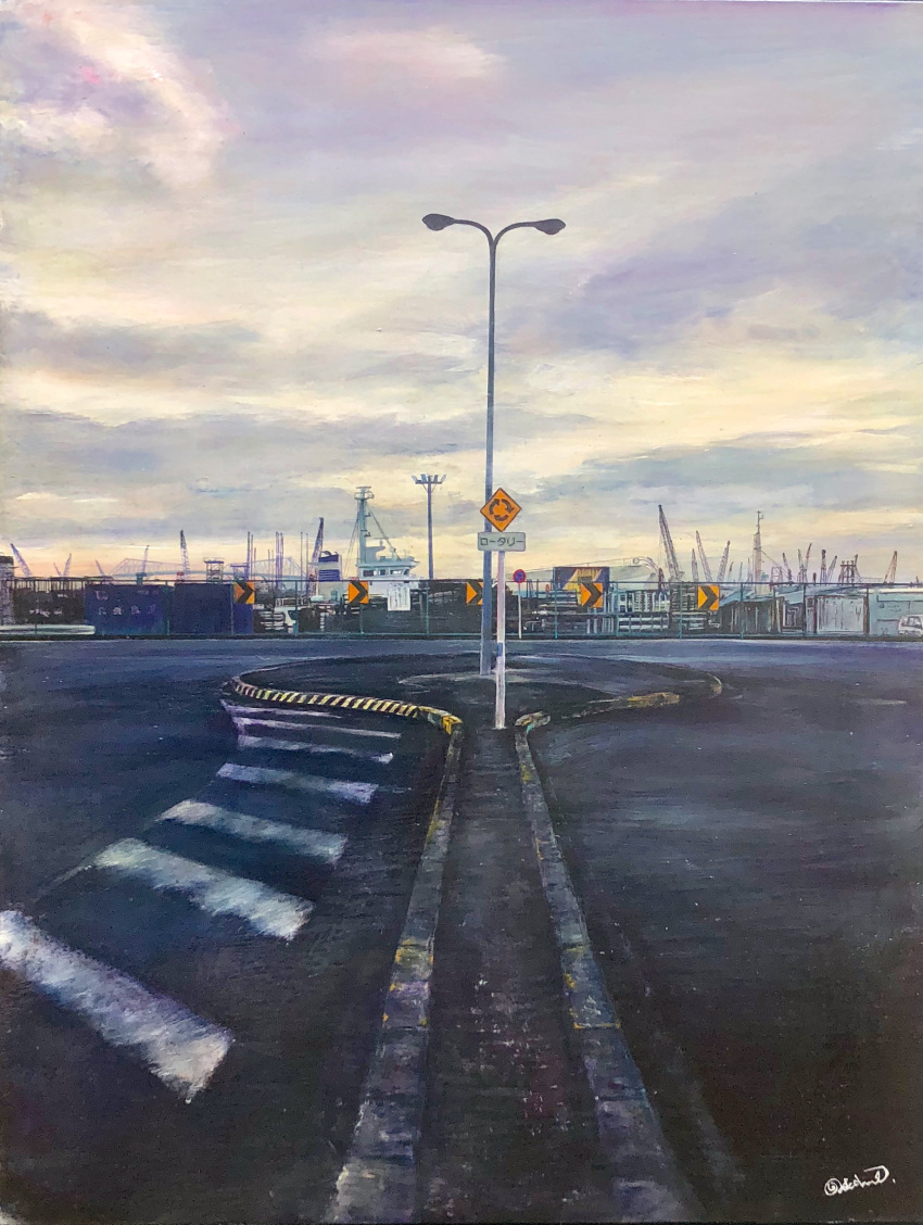 absurdres, blue_sky, clouds, cloudy_sky, highres, lamppost, latex_cult, no_humans, original, painting_(medium), road, road_sign, roundabout_sign, scenery, sign, sky, street, traditional_media, utility_pole, watercraft