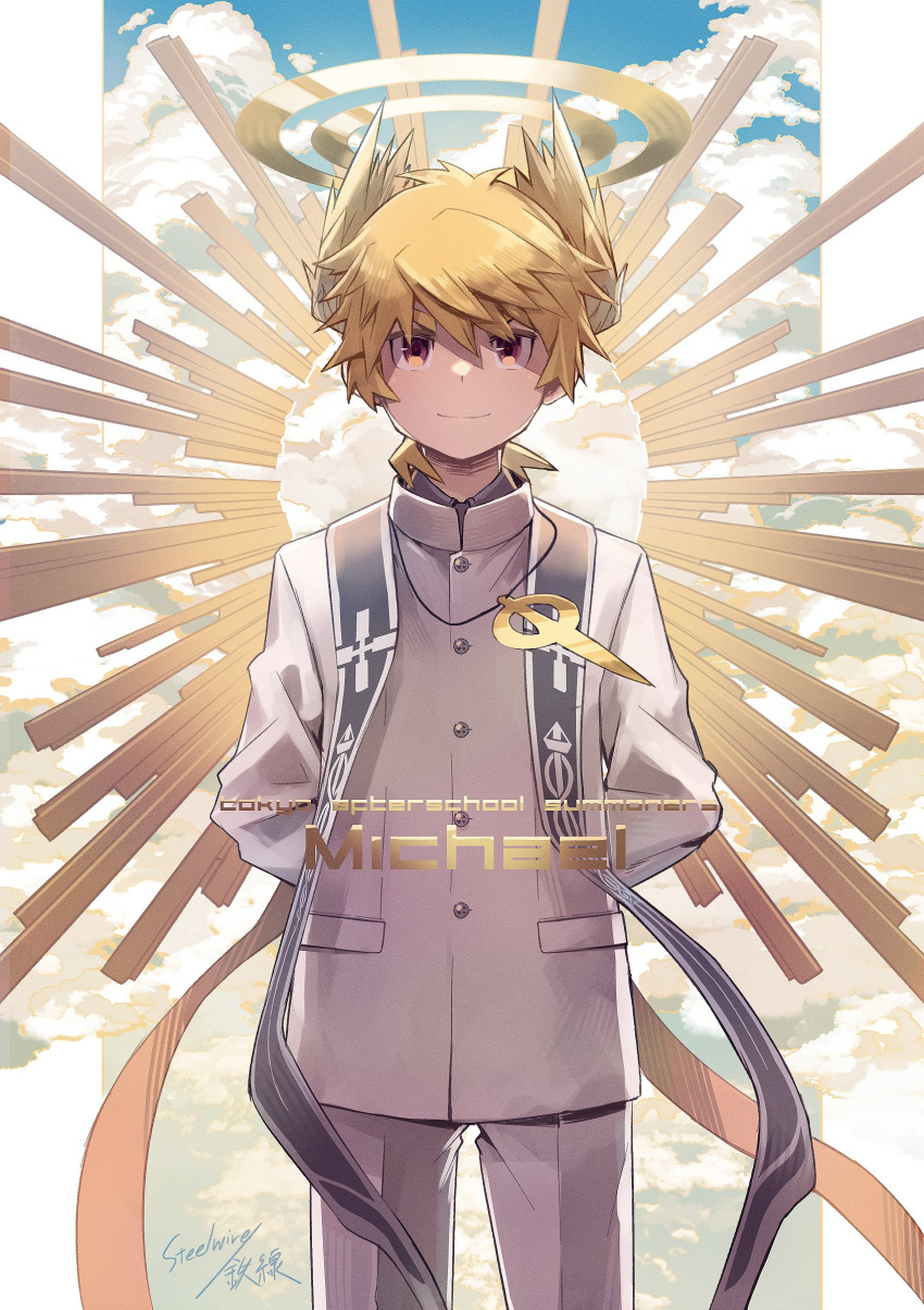 1boy, absurdres, arms_behind_back, blonde_hair, border, buttons, character_name, closed_mouth