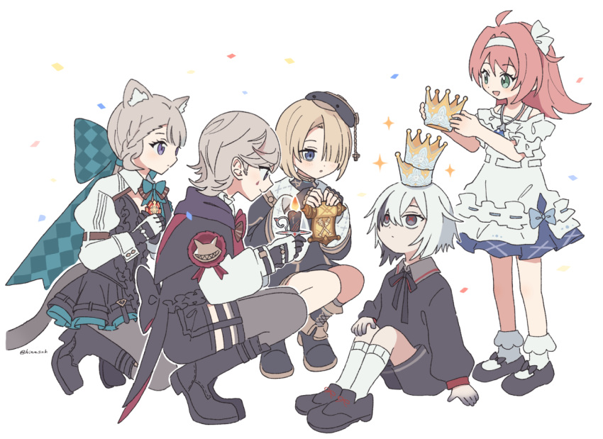 2boys, 3girls, aged_down, ahoge, animal_ears, arlecchino_(genshin_impact), cat_ears, cat_girl