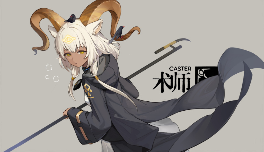 1girl, animal_ears, arknights, beeswax_(arknights), bird, black_coat, coat, collar
