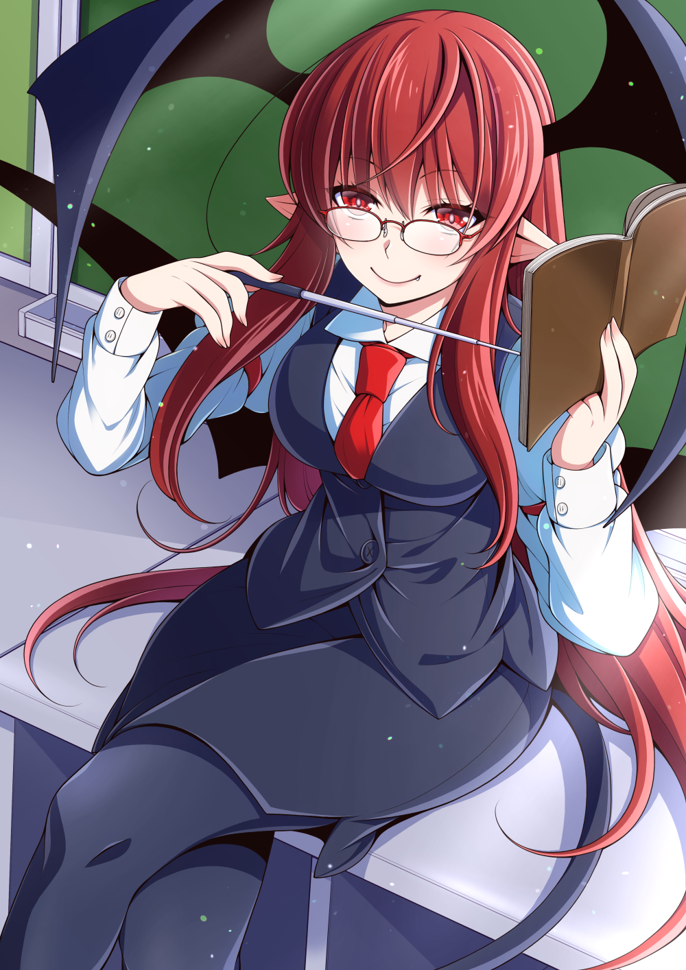 1girl, bat_wings, bespectacled, black_pantyhose, black_skirt, black_vest, black_wings, book, breasts, bright_pupils, buttons, chalkboard, collared_shirt, commentary_request, cowboy_shot, crossed_legs, demon_tail, dress_shirt, eichi_yuu, eyes_visible_through_hair, fang, fang_out, glasses, hair_between_eyes, head_wings, highres, holding, holding_book, koakuma, large_breasts, large_head_wings, light_particles, long_hair, looking_at_viewer, low_wings, necktie, pantyhose, pointer, pointy_ears, red_eyes, red_necktie, redhead, shirt, sidelocks, sitting, skirt, smile, solo, tail, taut_clothes, taut_vest, touhou, very_long_hair, vest, white_pupils, white_shirt, wings