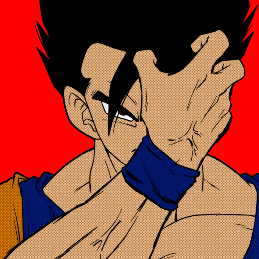 black_eyes, black_hair, blue_wristband, chankop, closed_mouth, dougi, dragon_ball, dragon_ball_z, frown, halftone_texture, highres, looking_at_viewer, male_focus, muscular, muscular_male, one_eye_covered, red_background, simple_background, son_gohan, upper_body, veins