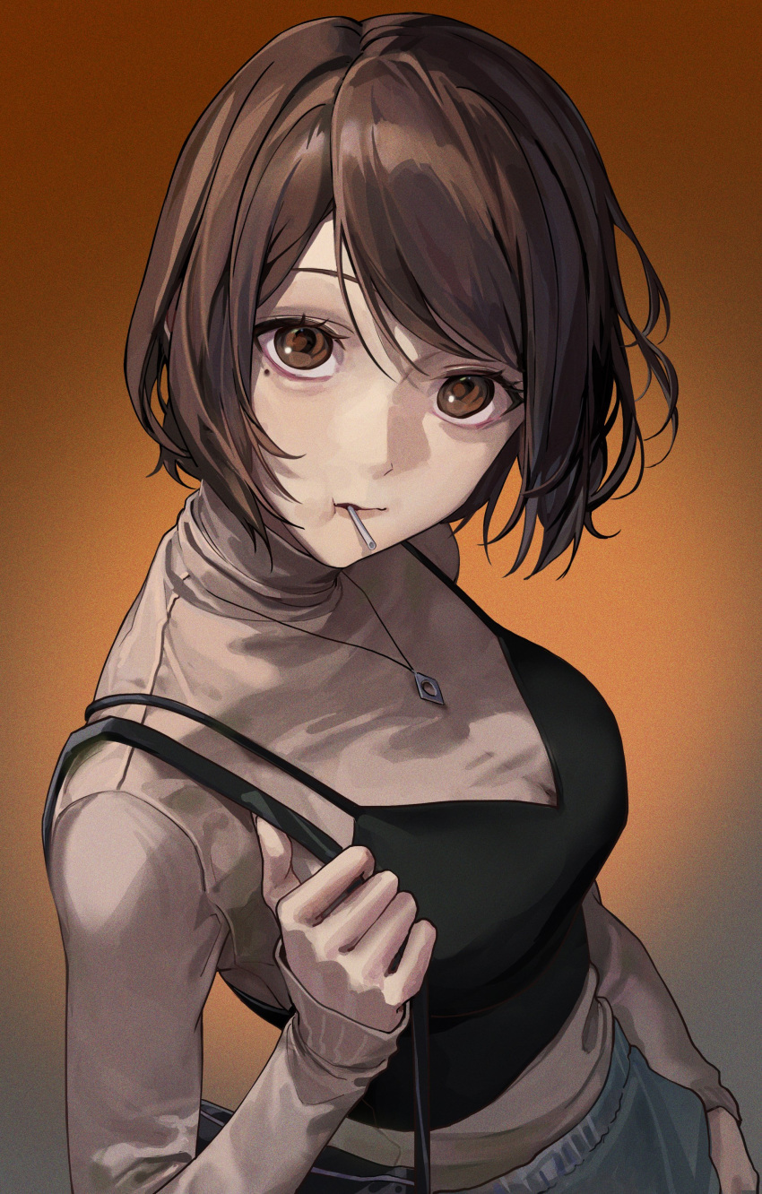 1girl, absurdres, bag, black_tank_top, breasts, brown_background, brown_eyes, brown_hair, from_above, handbag, highres, ieiri_shoko, jewelry, jujutsu_kaisen, large_breasts, looking_at_viewer, mole, mole_under_eye, necklace, popo_6996, see-through, short_hair, sleeves_past_wrists, solo, sweater, sweater_tucked_in, swept_bangs, tank_top, turtleneck, turtleneck_sweater