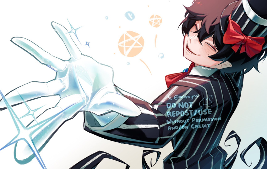 1boy, black_coat, black_hat, bow, closed_eyes, coat, e.g.o_(project_moon), facing_viewer