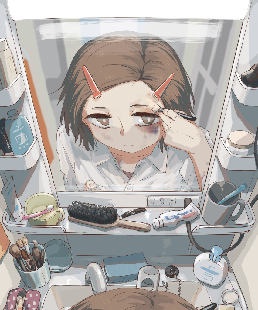 1girl, absurdres, abuse, applying_makeup, avogado6, bathroom, black_hair, bright_pupils