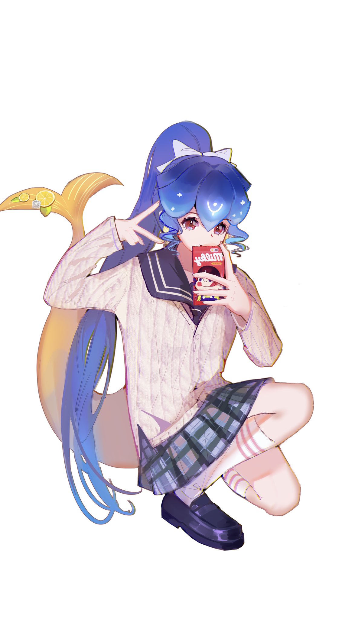 1girl, alternate_costume, bad_id, bad_twitter_id, bao_(vtuber), black_footwear, blue_hair, blue_skirt