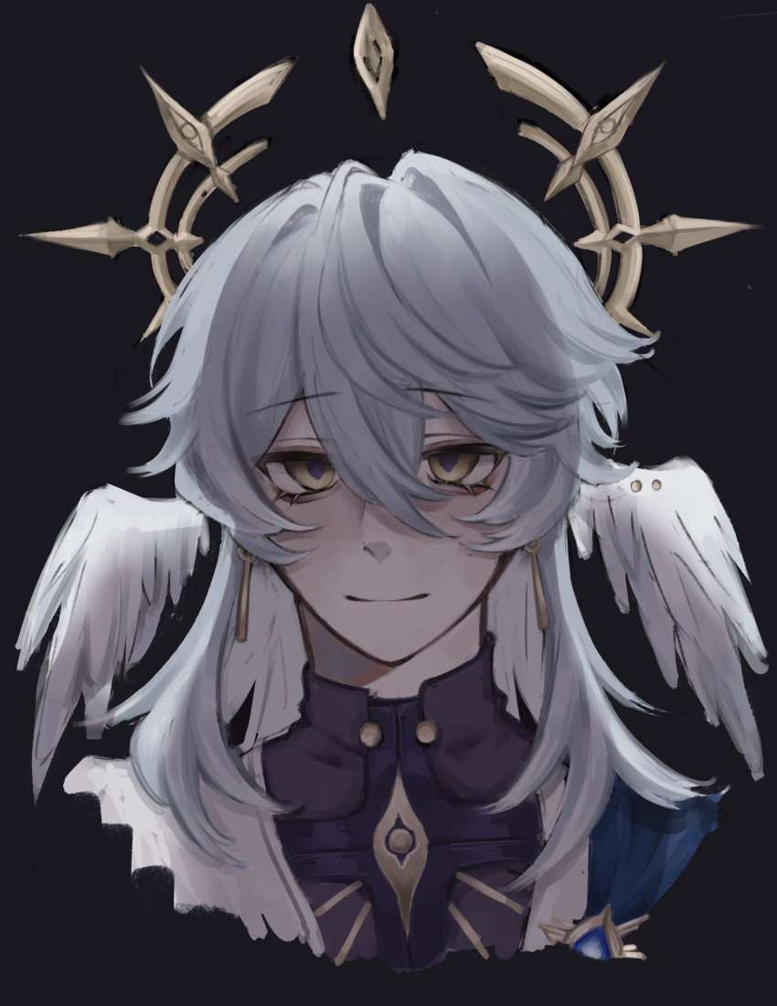 1boy, black_background, blue_hair, blue_pupils, closed_mouth, halo, head_wings, highres
