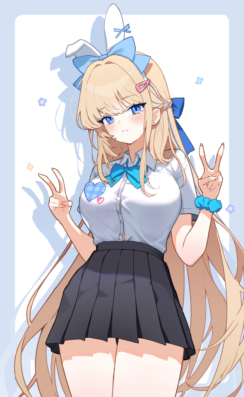 1girl, absurdres, black_skirt, blonde_hair, blue_archive, blue_bow, blue_bowtie, blue_eyes