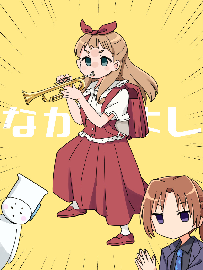 1other, 2girls, absurdres, bag, brown_hair, dress, eupho-kun, green_eyes