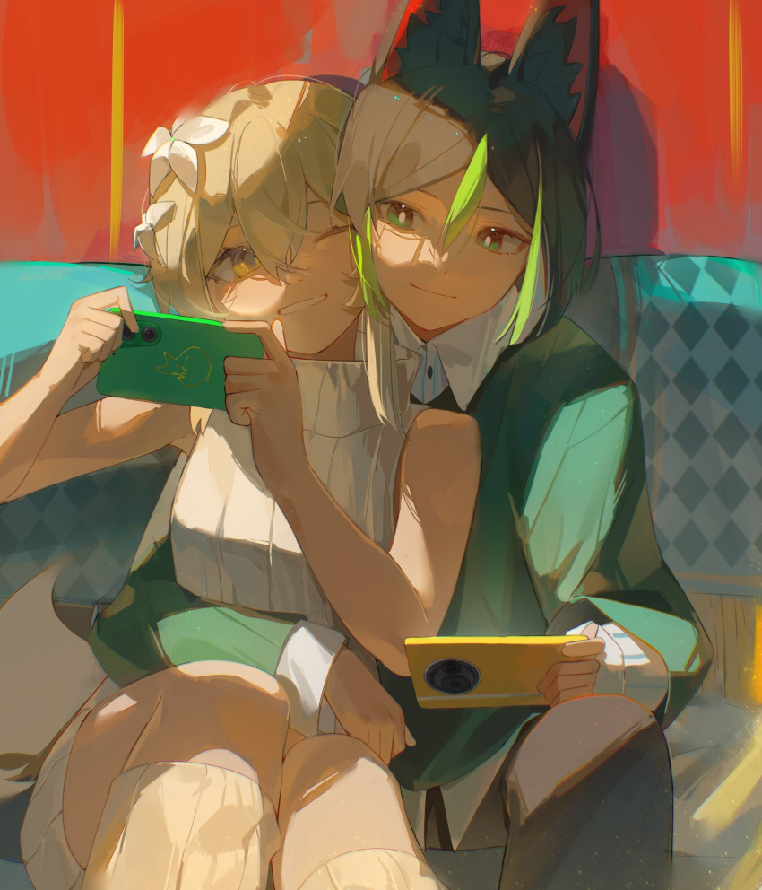 1boy, 1girl, alternate_costume, animal_ears, black_hair, blonde_hair, cellphone, collared_shirt