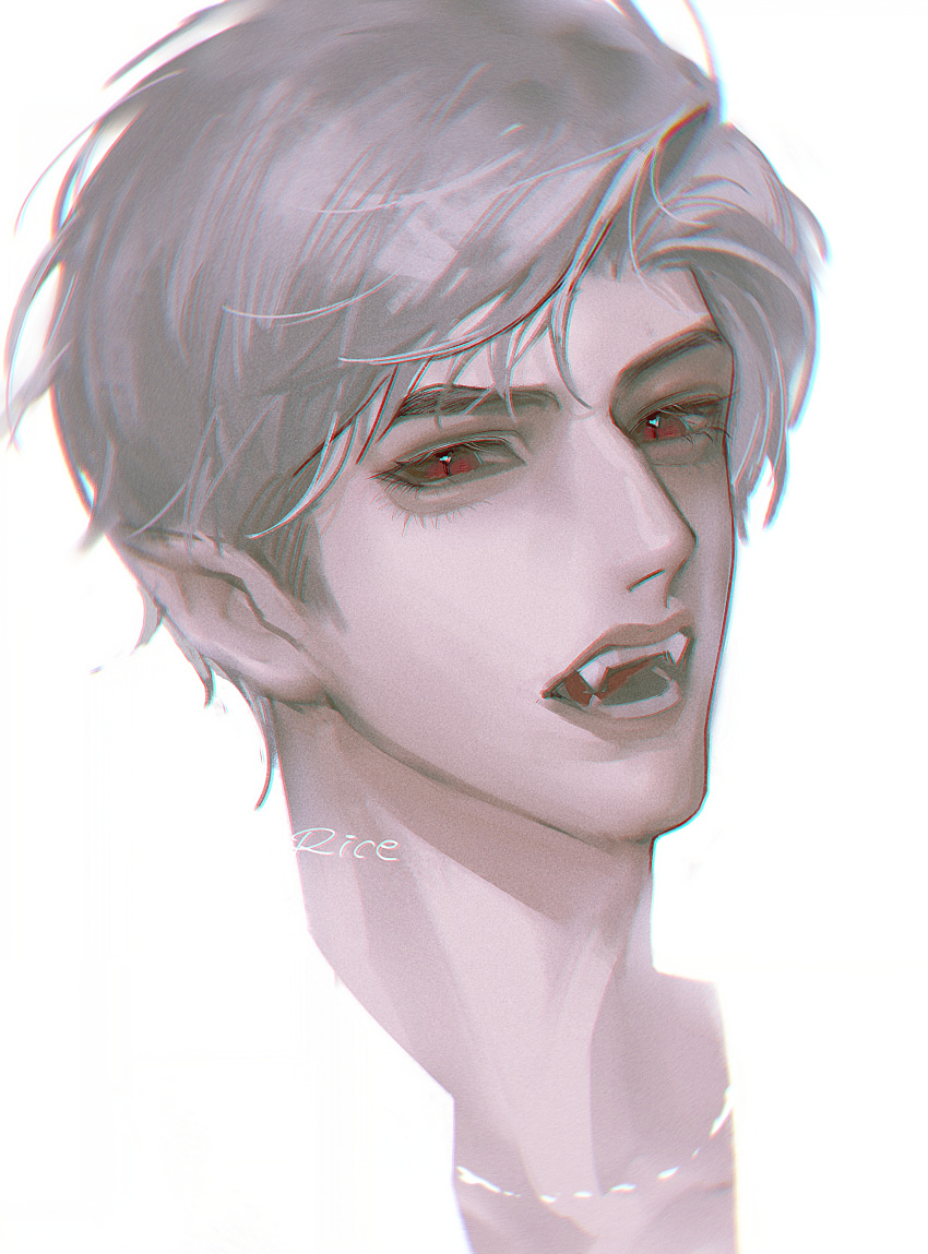 1boy, absurdres, collarbone, eyelashes, fang, grey_hair, head, highres, lips, looking_at_viewer, love_and_deepspace, male_focus, open_mouth, parted_bangs, pointy_ears, red_eyes, short_hair, signature, simple_background, solo, sylus_(love_and_deepspace), teeth, tongue, white_background, xinjinjumin281198304597
