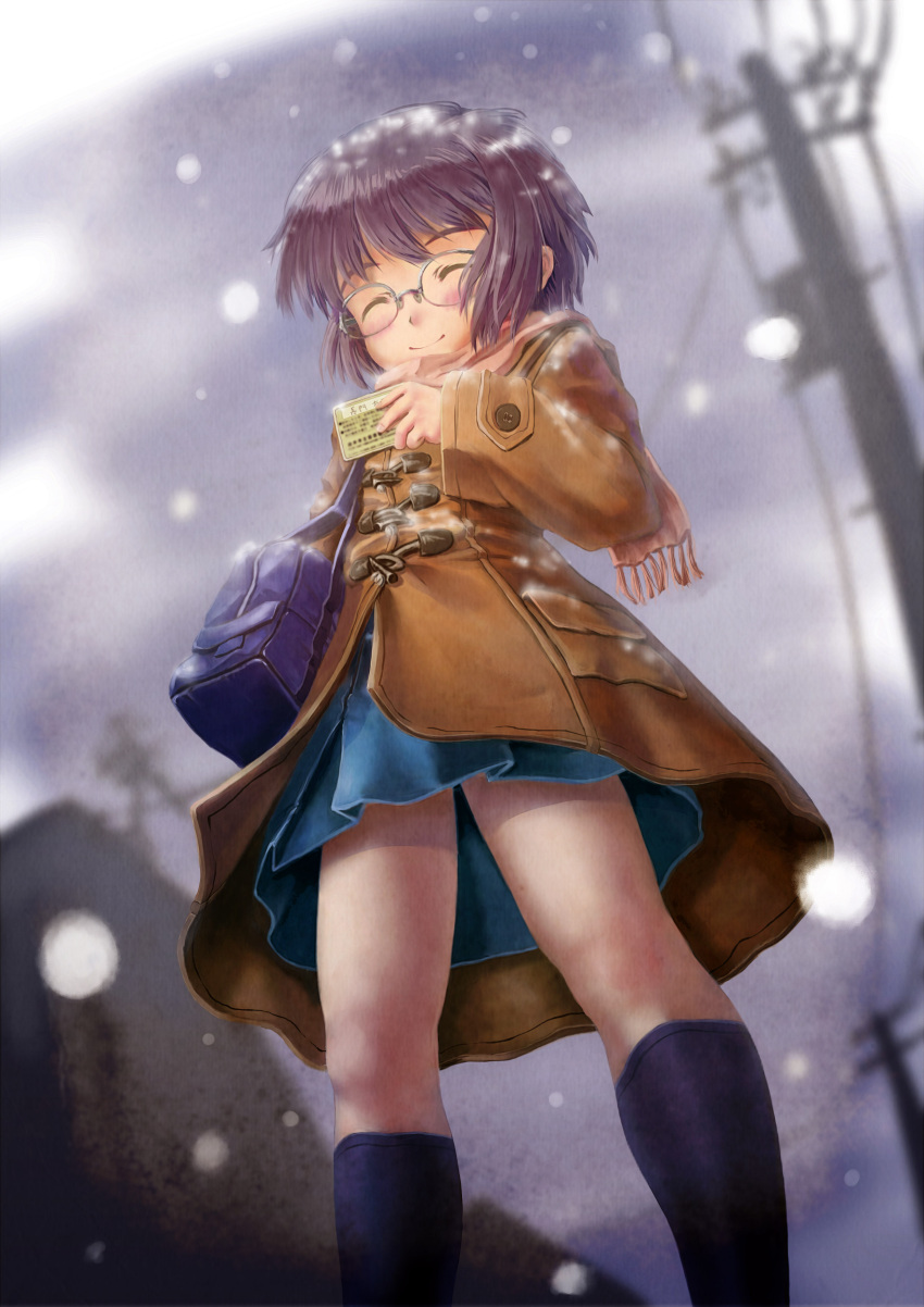 bag, blush, closed_eyes, coat, from_below, glasses, highres, kakisuke