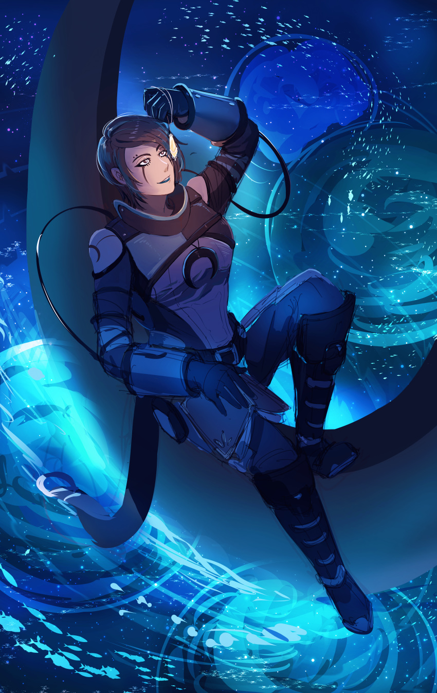 1girl, absurdres, apex_legends, black_eyeliner, black_eyes, black_footwear, black_hair, black_lips, blue_hair, blue_lips, bodysuit, boots, breasts, cable, catalyst_(apex_legends), clothing_cutout, crescent, eyebrow_piercing, eyeliner, grey_bodysuit, highres, holding, holding_jewelry, holding_necklace, jewelry, linya_lin, looking_up, makeup, medium_breasts, multicolored_hair, necklace, parted_lips, piercing, short_hair, shoulder_cutout, sitting, solo, space, streaked_hair