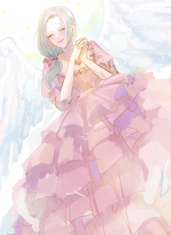1girl, aqua_hair, closed_eyes, closed_mouth, commentary_request, dress, dutch_angle, earrings, enomoto_noa, feathered_wings, frilled_sleeves, frills, hair_bobbles, hair_ornament, heart, heart_necklace, interlocked_fingers, jaga_(ja_08), jewelry, layered_dress, low_ponytail, necklace, own_hands_together, pink_dress, puffy_short_sleeves, puffy_sleeves, saibou_shinkyoku, short_sleeves, side_ponytail, smile, solo, star_(symbol), star_earrings, white_wings, wings
