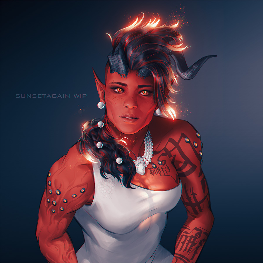 asymmetrical_hair, baldur's_gate, baldur's_gate_3, broken_horn, colored_skin, demon_girl, demon_horns, dress