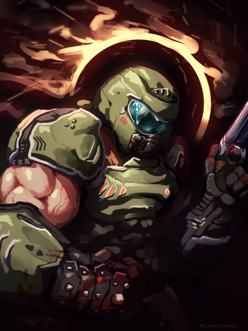 1boy, absurdres, armor, assault_visor, doom_(series), doom_eternal, doomguy, double-barreled_shotgun