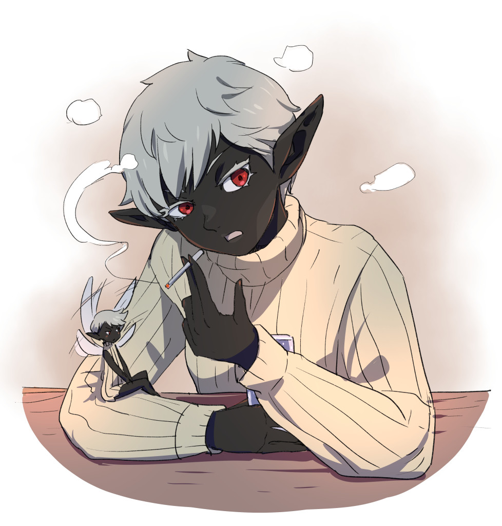 1girl, black_skin, cigarette, colored_eyelashes, colored_skin, dark-skinned_female, dark_elf, dark_skin
