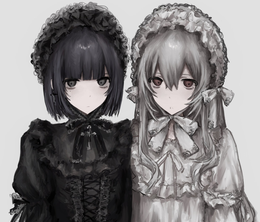 2girls, bad_id, bad_twitter_id, black_dress, black_eyes, black_hair, black_hairband, black_ribbon