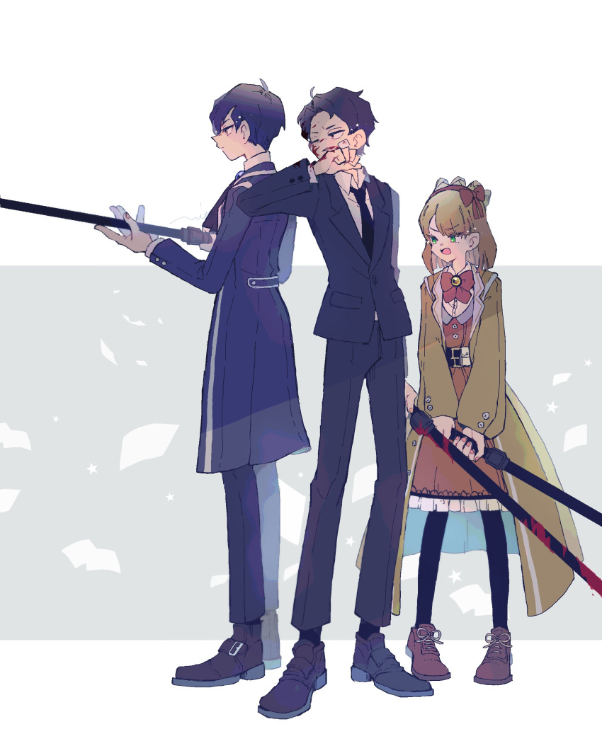 1girl, 2boys, absurdres, black_hair, black_jacket, black_pants, blonde_hair, blood