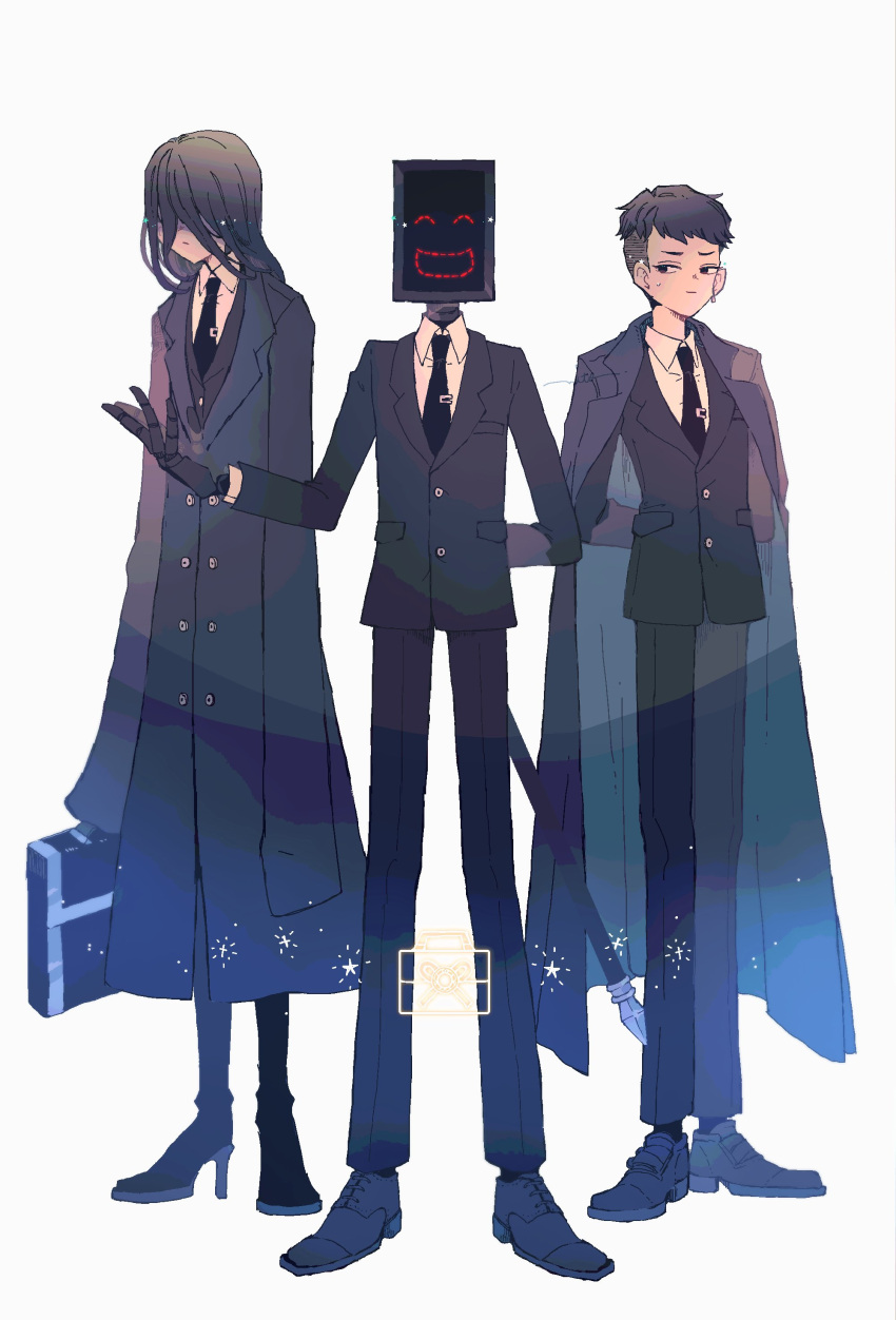 1girl, 2boys, absurdres, arms_behind_back, bada_(project_moon), black_coat, black_jacket, black_necktie