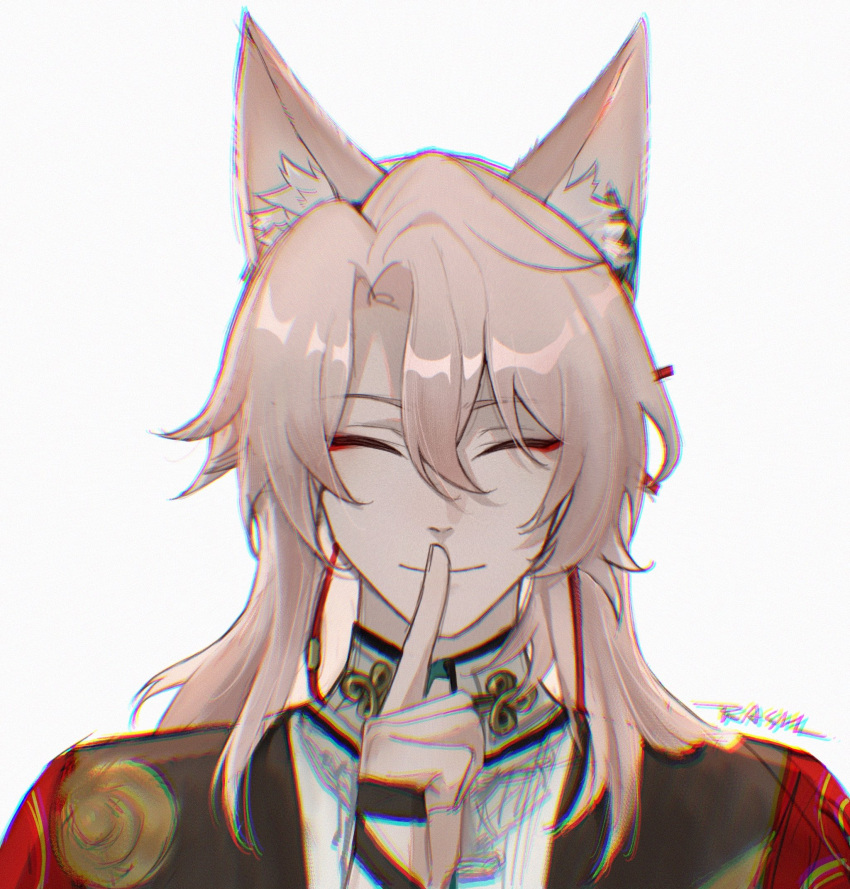 1923rash, 1boy, animal_ears, closed_eyes, closed_mouth, coat, earrings, facing_viewer, finger_to_mouth, fox_ears, hand_up, highres, honkai:_star_rail, honkai_(series), jewelry, jiaoqiu_(honkai:_star_rail), male_focus, red_coat, shushing, simple_background, smile, solo, white_background