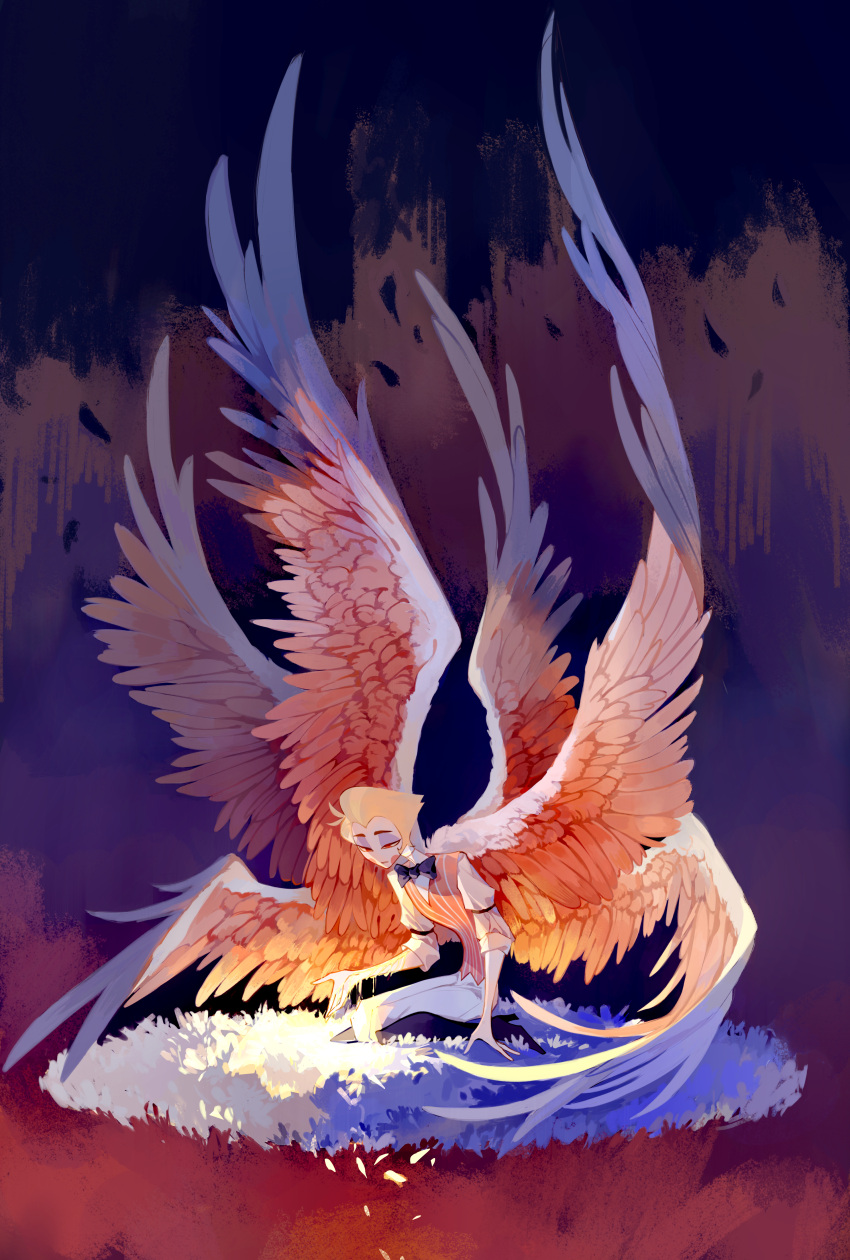 1boy, 20160825, absurdres, blonde_hair, demon_boy, demon_wings, feathered_wings, hair_slicked_back