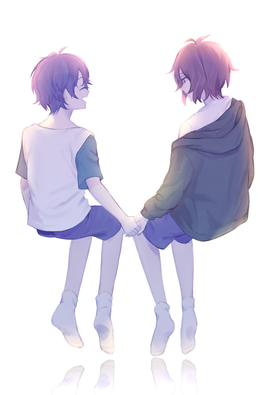 2boys, aqua_sleeves, black_hair, blue_shorts, brothers, brown_eyes, brown_hair, closed_eyes