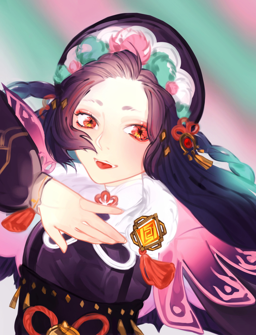1girl, absurdres, black_hair, blush, capelet, dress, genshin_impact, hair_ornament