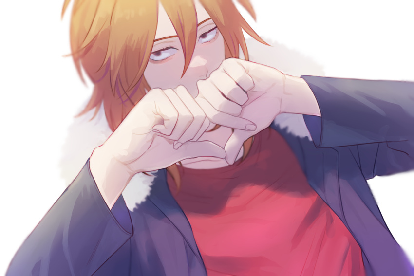 1boy, black_eyes, blue_jacket, brown_hair, commentary_request, fur-trimmed_jacket, fur_trim, hair_between_eyes