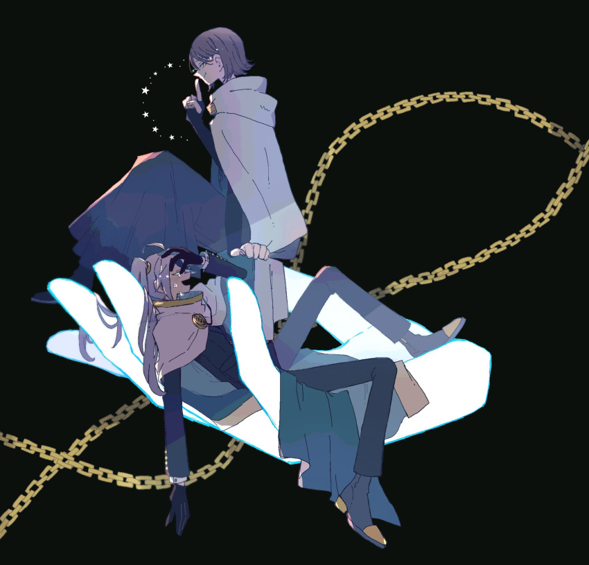 1boy, 1girl, ahoge, black_background, brown_hair, cape, chain, cloak