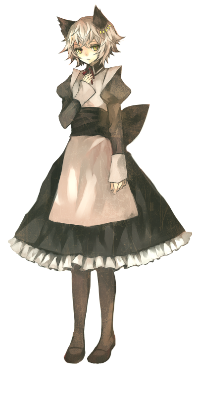 animal_ears, blonde_hair, cat_ears, hand_on_own_chest, hand_to_chest, hina_(pico), lowres, maid, maid_clothes, pantyhose, short_hair, solo, standing, yellow_eyes
