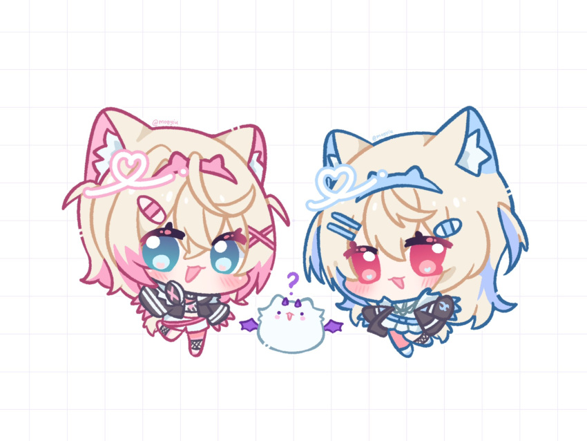 2girls, ?, animal_ear_fluff, animal_ears, black_coat, black_jacket, blonde_hair, blue_eyes