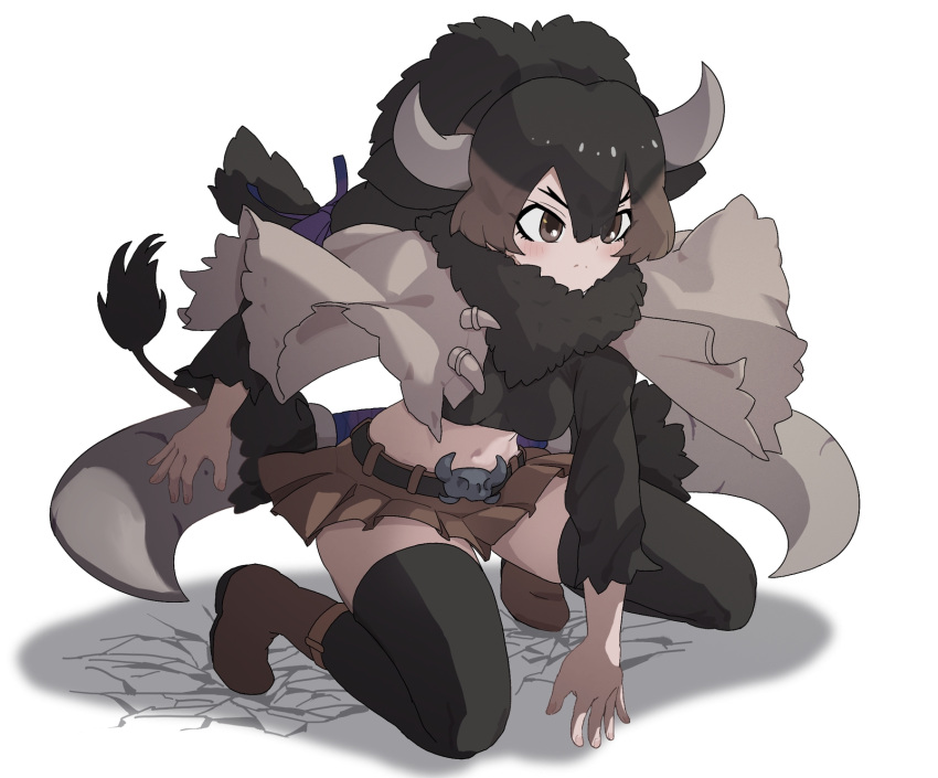 1girl, american_bison_(kemono_friends), animal_ears, animal_print, black_fur, black_hair, black_shirt, black_thighhighs