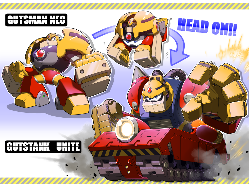 1boy, alternate_design, blonde_hair, english_text, green_eyes, guts_man, guts_tank_(mega_man), humanoid_robot, male_focus, mega_man_(classic), mega_man_(series), military_vehicle, motor_vehicle, napo, robot, tank, transformation