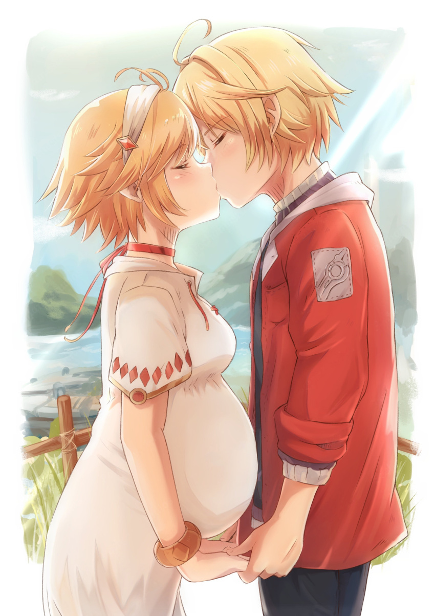 1boy, 1girl, absurdres, ahoge, blonde_hair, breasts, couple, dress