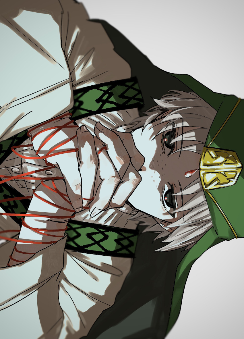 1boy, absurdres, freckles, grey_background, grey_eyes, hands_up, hat_ornament, highres