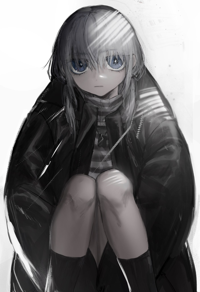 1girl, bad_id, bad_twitter_id, black_jacket, black_socks, blue_eyes, closed_mouth, fcx4l