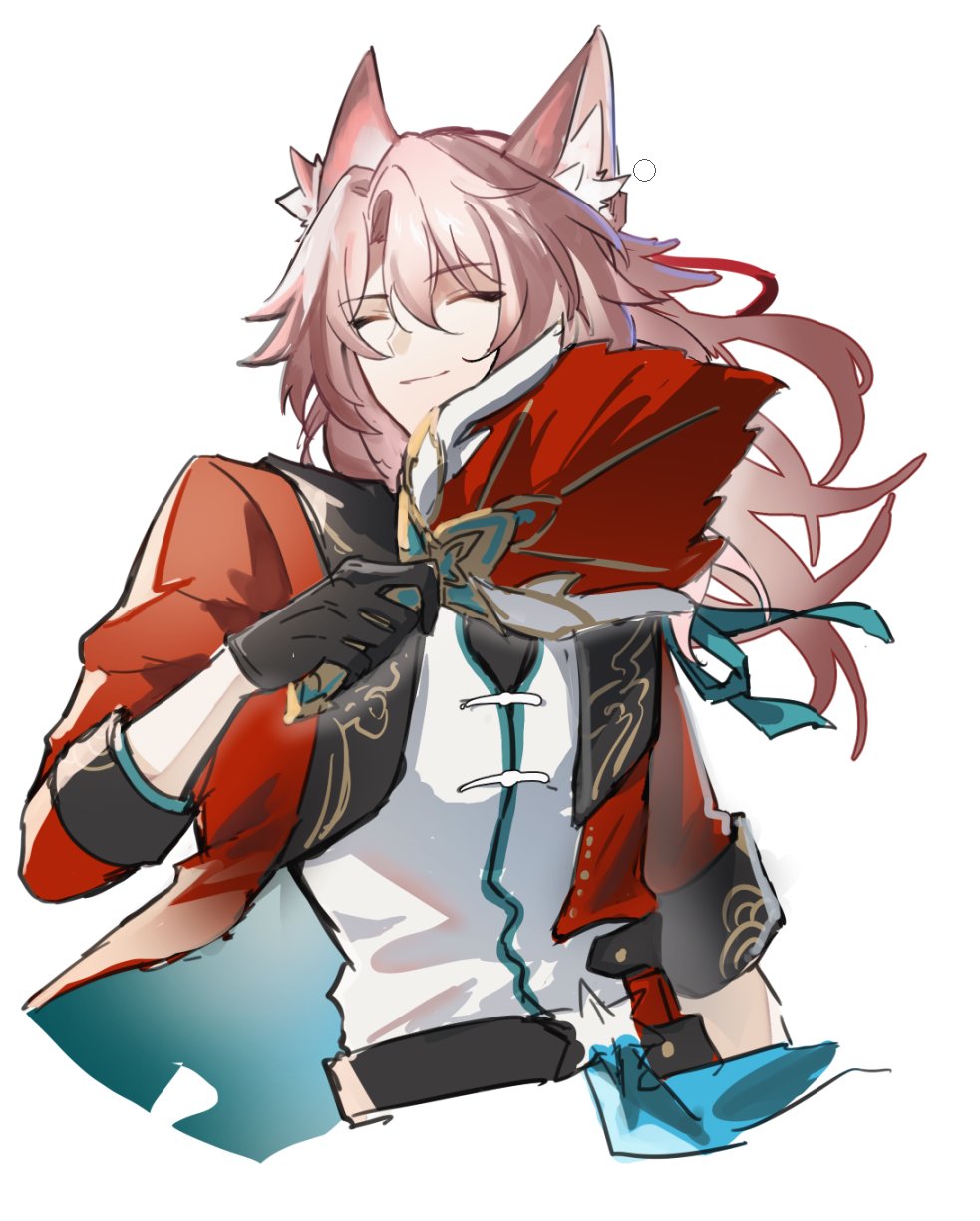 1boy, animal_ears, bishounen, black_gloves, chinese_clothes, closed_eyes, cowboy_shot, fox_boy, fox_ears, gloves, hanaki0504, hand_fan, highres, honkai:_star_rail, honkai_(series), jiaoqiu_(honkai:_star_rail), male_focus, pink_hair, short_hair, simple_background, solo, white_background