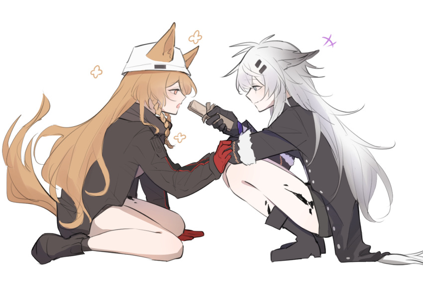 +++, 2girls, ainu0816, animal_ears, ankle_boots, arknights, black_coat, black_footwear