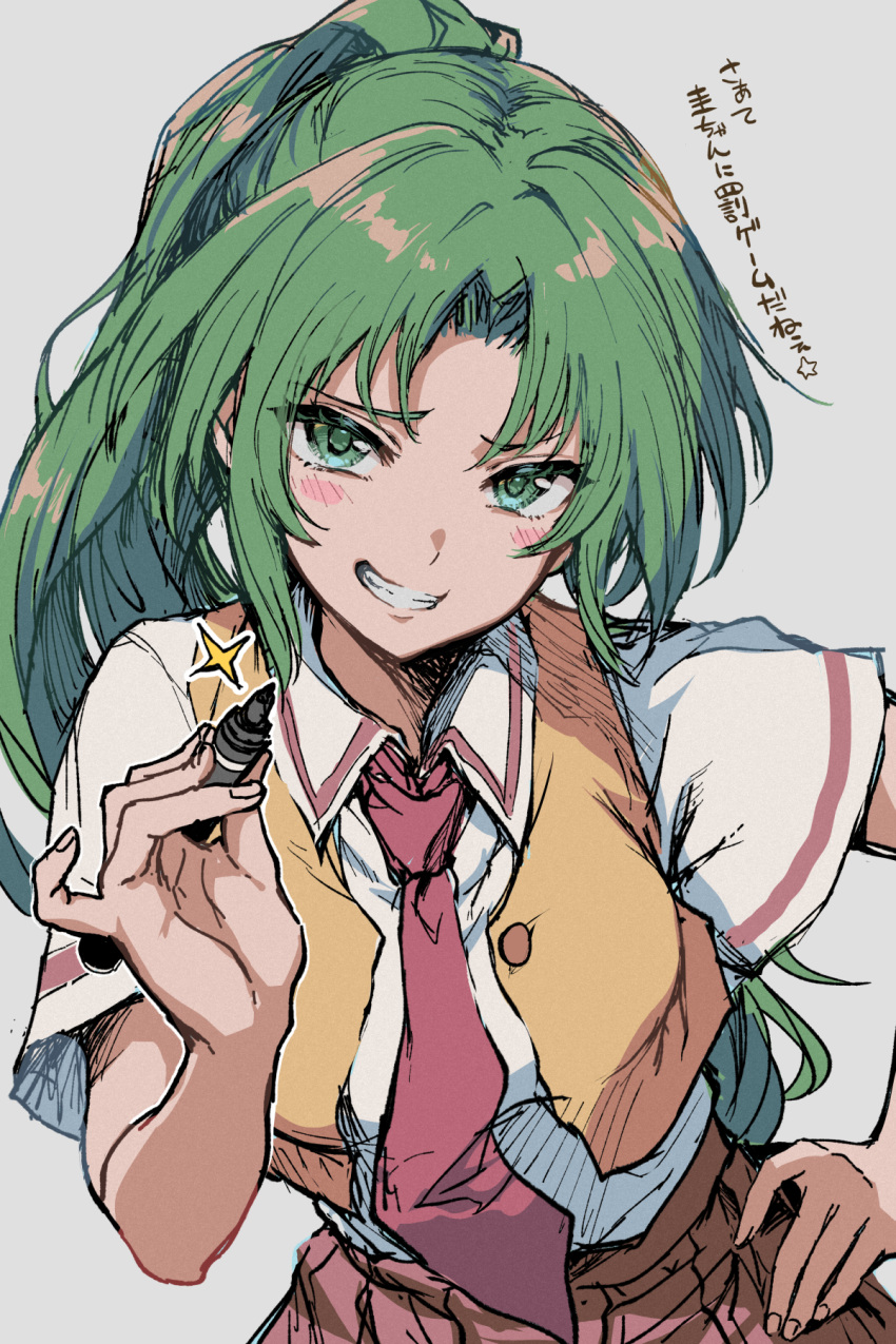 1girl, green_eyes, green_hair, hand_on_own_hip, highres, higurashi_no_naku_koro_ni, looking_at_viewer, necktie