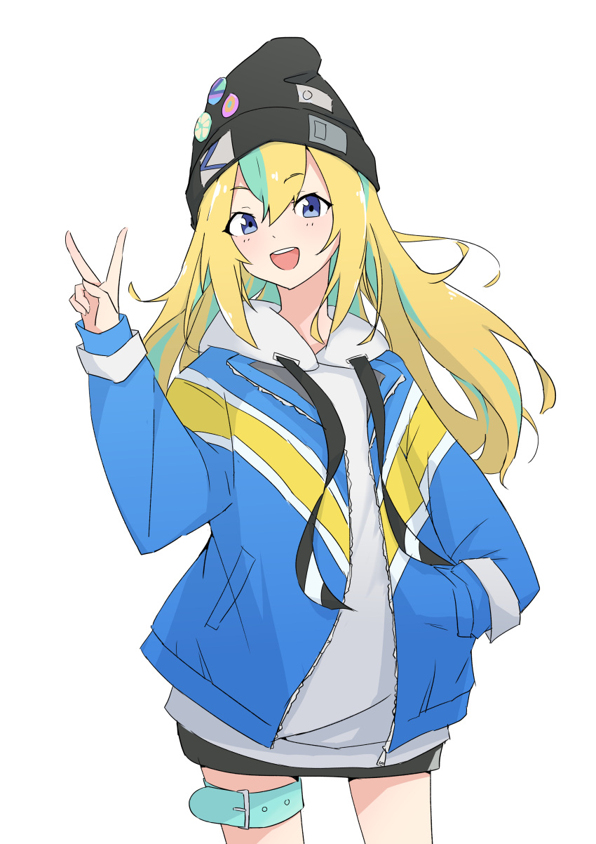 1girl, absurdres, black_beanie, black_skirt, blonde_hair, blue_eyes, blue_jacket, commentary