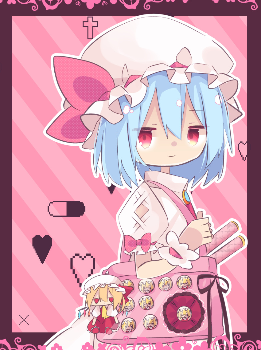 2girls, bag, blonde_hair, blue_hair, character_doll, cross, crystal_wings, flandre_scarlet