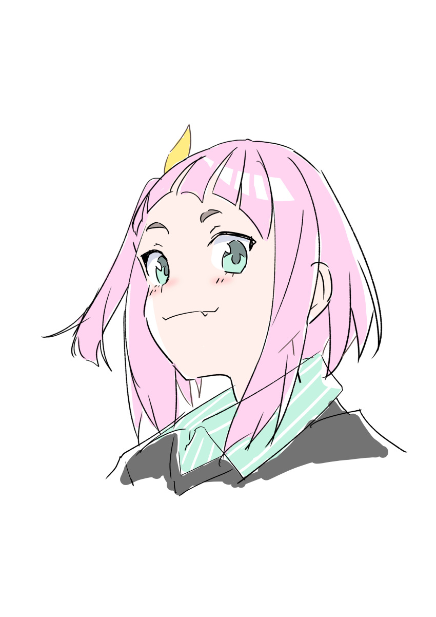 1girl, absurdres, blush, closed_mouth, commentary, cropped_torso, fang, green_eyes