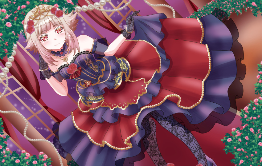 1girl, bare_shoulders, bracelet, collar, commission, curtsey, dress, fire_emblem