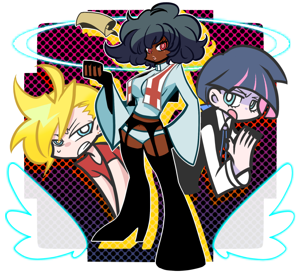 blonde_hair, blue_eyes, boots, dark_skin, garter_belt, garterbelt_(character), garterbelt_(psg), genderswap, multicolored_hair, naoaka, panties, panty_&amp;_stocking_with_garterbelt, panty_(character), panty_(psg), priest, red_eyes, stocking_(character), stocking_(psg), two-tone_hair, underwear