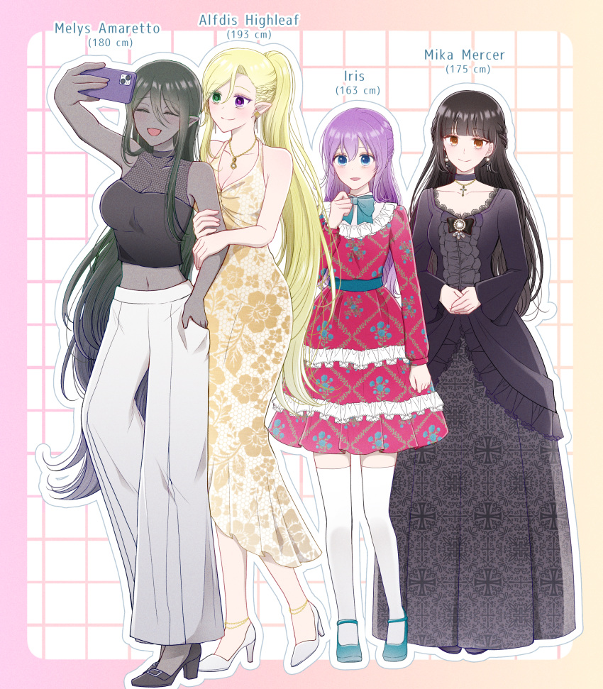 4girls, absurdres, android, black_dress, black_hair, blonde_hair, blue_eyes, brown_eyes