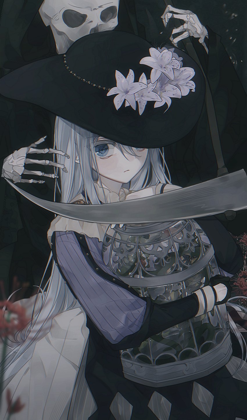 1girl, aein_(other_ha1f), birdcage, black_cloak, black_dress, black_gloves, black_hat, blade_to_throat, blue_eyes, cage, capelet, cloak, death_(entity), dress, expressionless, flower, gloves, grey_hair, grim_reaper, hashtag-only_commentary, hat, hat_flower, highres, holding, holding_cage, holding_scythe, immiscible_discord_(project_sekai), long_hair, looking_at_viewer, project_sekai, purple_dress, red_flower, red_spider_lily, ribbed_dress, scythe, skeletal_hand, skeleton, skull, solo, white_capelet, yoisaki_kanade