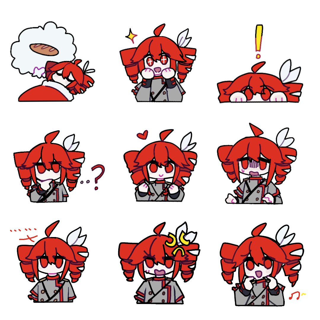 !, +_+, ..., 1girl, ?, aaakiona, ahoge, anger_vein, baguette, bread, buttons, closed_eyes, closed_mouth, double-breasted, dreaming, drill_hair, expressions, food, gloom_(expression), grey_jacket, hair_between_eyes, hair_ribbon, hands_up, hashtag-only_commentary, heart, jacket, kasane_teto, kasane_teto_(sv), long_sleeves, looking_at_viewer, medium_hair, multiple_views, musical_note, open_mouth, peeking, red_eyes, redhead, ribbon, simple_background, sleeping, smile, sparkle, sweat, synthesizer_v, thinking, thought_bubble, twin_drills, under_covers, upper_body, utau, white_background, white_ribbon