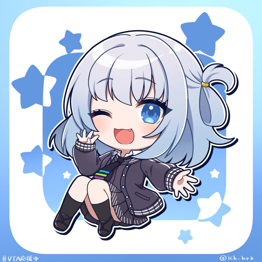 1girl, :3, aokiri_mihono, black_jacket, black_necktie, black_skirt, black_socks, blue_background
